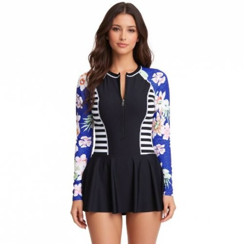 Large Long Sleeve Rash Guard Swim Dress UPF 50+ Black Stripe Floral NWOT